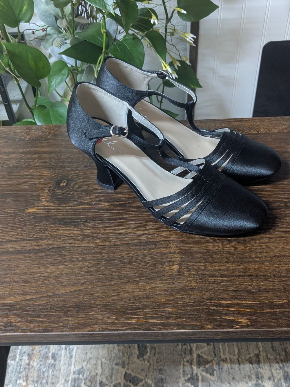 Ellie Shoes Black Satin Lucille T-Strap Flapper Heels - Size-8, 2 .5" Heel